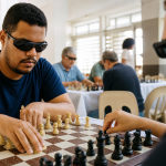 Atletas com deficiência visual disputam partida de xadrez em tabuleiro adaptado durante competição esportiva