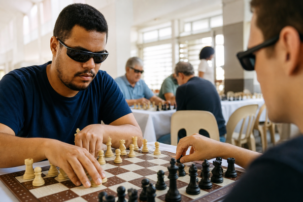 Atletas com deficiência visual disputam partida de xadrez em tabuleiro adaptado durante competição esportiva