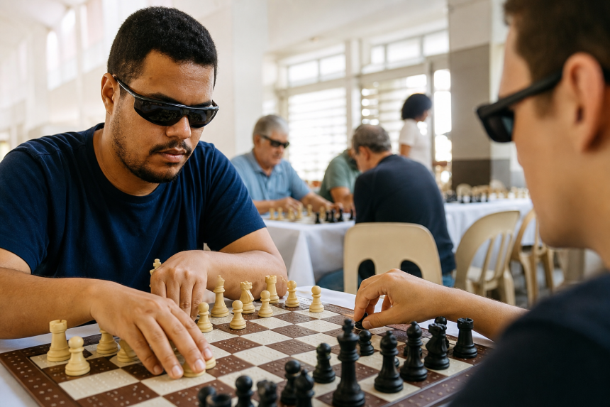 Atletas com deficiência visual disputam partida de xadrez em tabuleiro adaptado durante competição esportiva