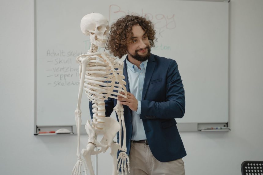 Professor apresenta um modelo de esqueleto a uma turma em sala de aula.